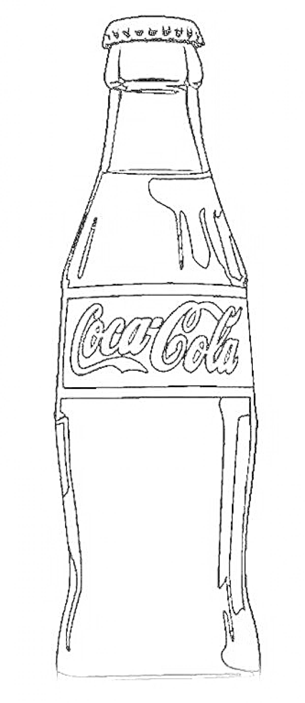 На раскраске изображено: Кока-кола, Бутылка, Газировка, Напиток, Этикетка, Логотипы, Стекла