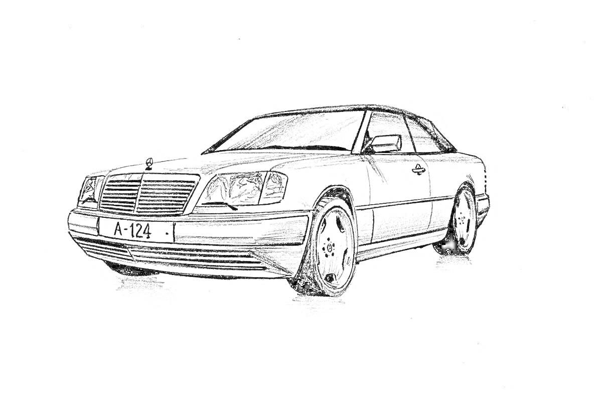 Раскраска Рисунок автомобиля Mercedes-Benz W124 на сером фоне