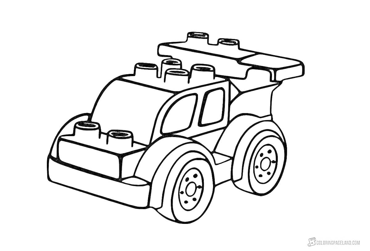 Раскраска Лего джип с колесами, окнами и крышей с соединительными элементами