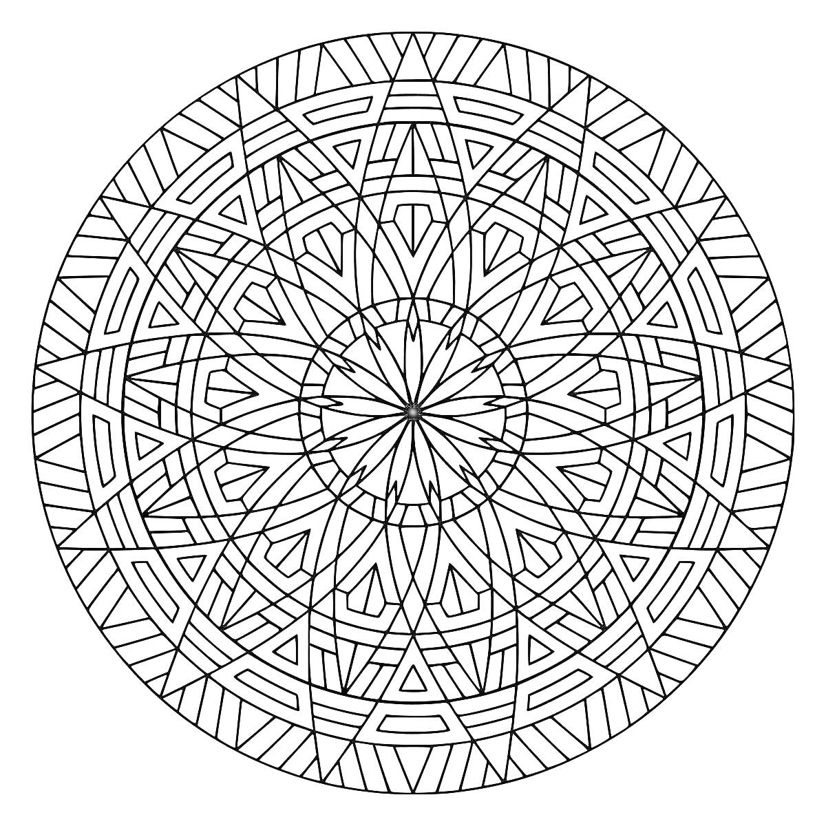 Раскраска круговая мандала с геометрическим орнаментом и абстрактными узорами