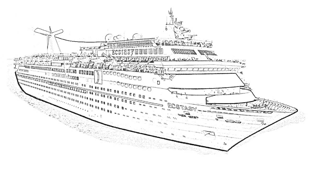 На раскраске изображено: Лайнер, Круизный корабль, Морское судно, Плавание, Палубы, Иллюминаторы, Антенны