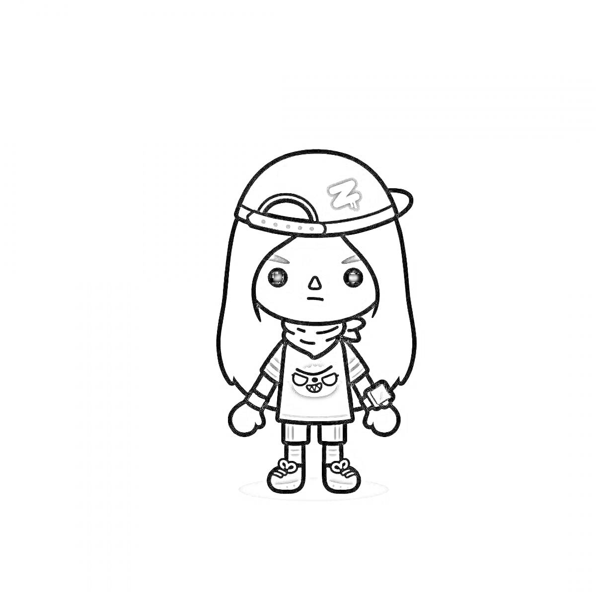 Раскраска Девочка с длинными волосами в кепке, футболке и кроссовках