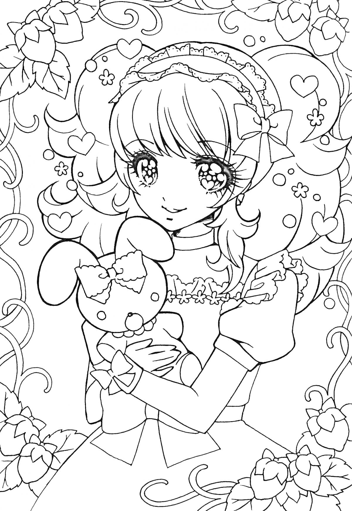 Раскраска Девочка с плюшевым зайчиком в рождественском наряде, окружённая завитками и сердечками с листьями падуба