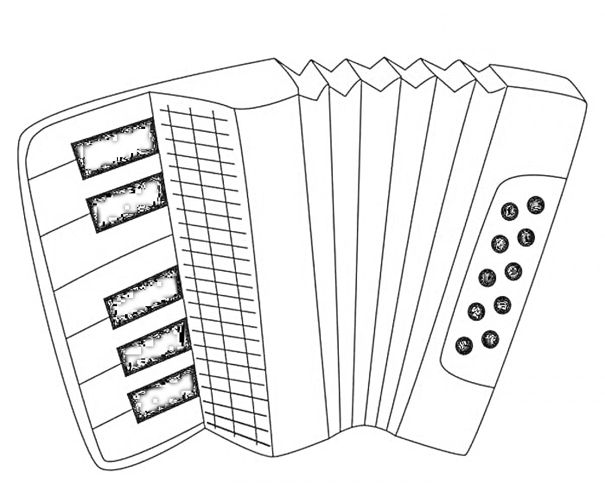 На раскраске изображено: Аккордеон, Гармоника, Меха, Клавиши, Кнопки, Музыкальные инструменты