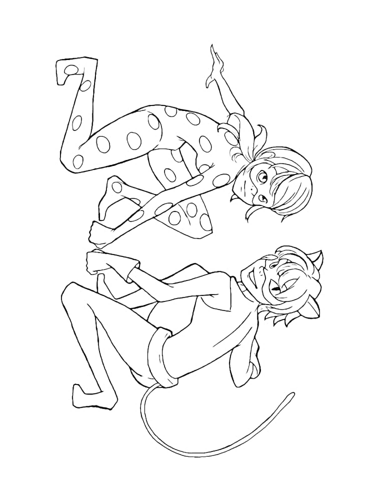 Раскраска Леди Баг и Супер Кот, стоящие спиной к спине, в костюмах супергероев