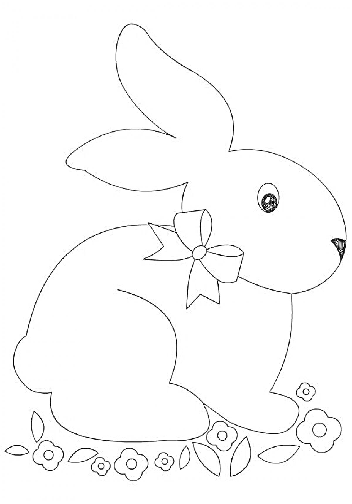 На раскраске изображено: Заяц, Цветы, Уши, Нос, Лапы, Листья