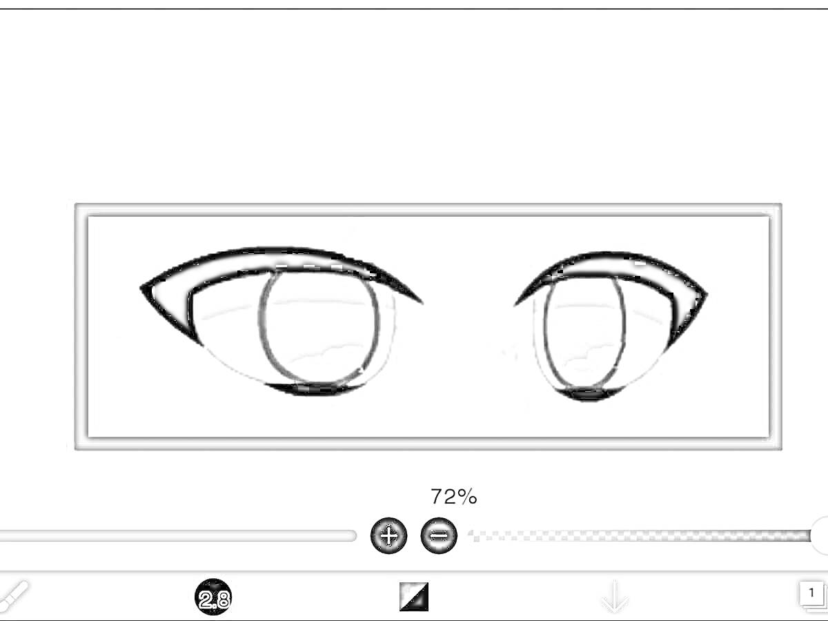 Раскраска Гача глаза в прямоугольной рамке, с черно-белыми деталями, шкала увеличения и настройки внизу