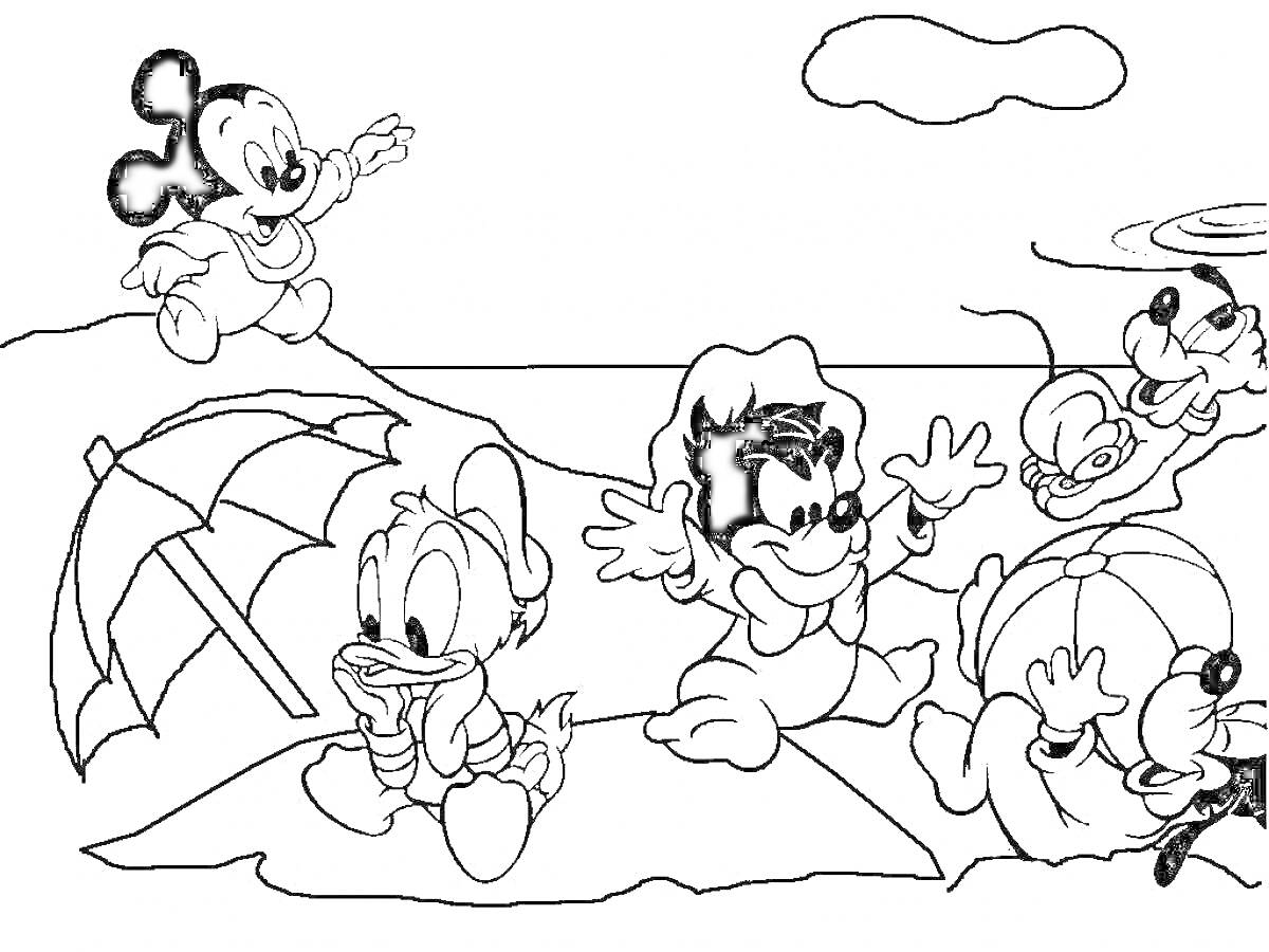 На раскраске изображено: Микки Маус, Дональд Дак, Пляж, Вода, Дисней, Друзья
