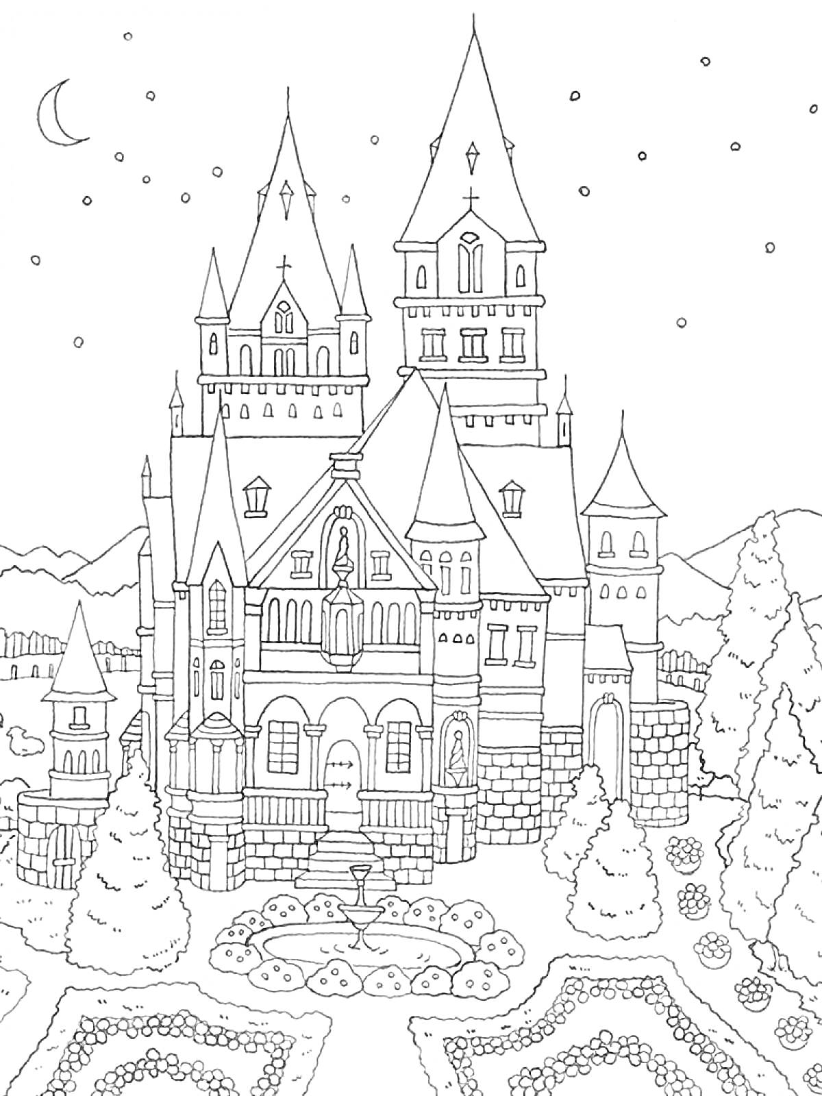 Раскраска Ночной замок с башнями, деревьями, клумбами, звездами и луной