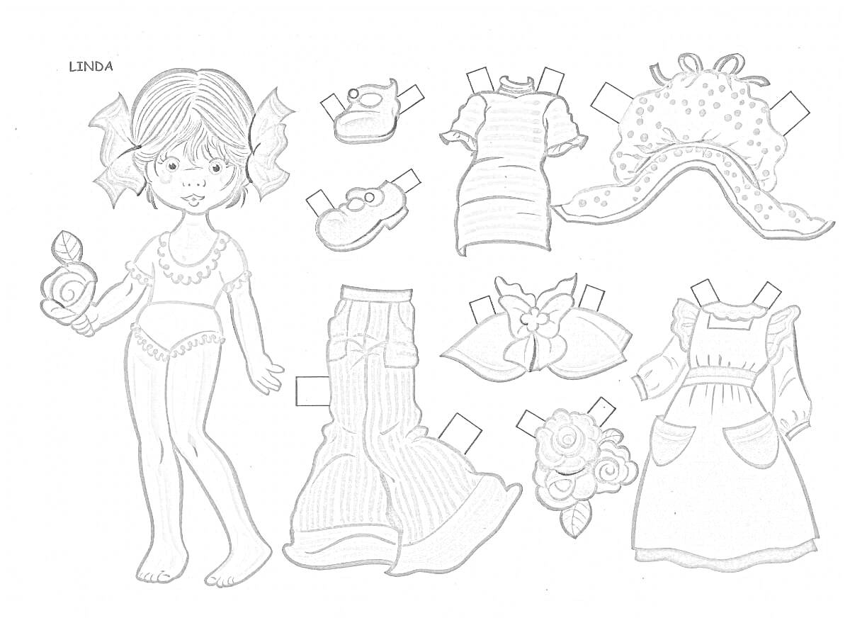 Раскраска Бумажная кукла девочки с набором одежды для вырезания (платье, юбка, брюки, шляпа, топ, обувь, аксессуары)