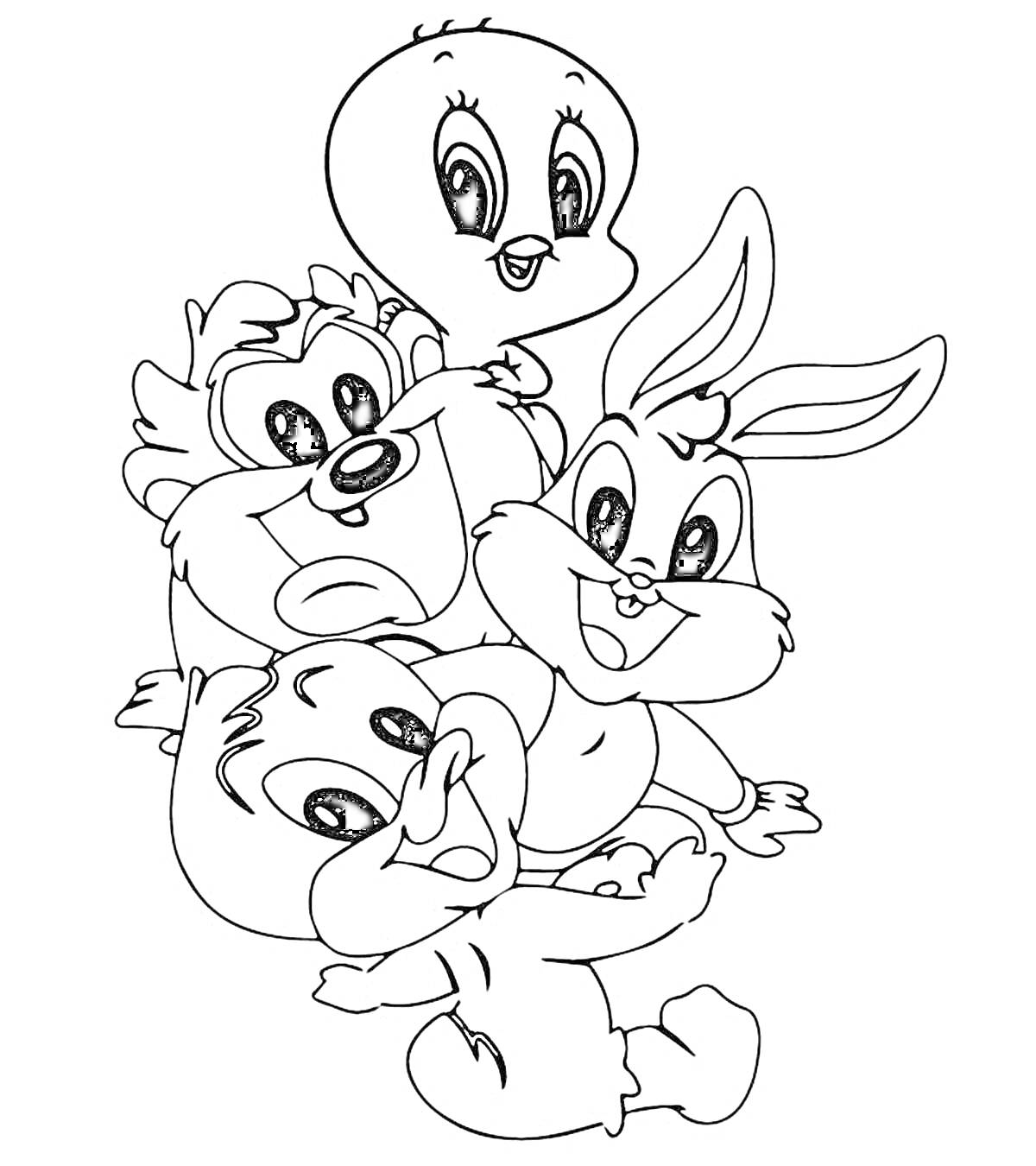 Раскраска Четыре мультяшных персонажа: цыпленок, белка, кролик и утенок