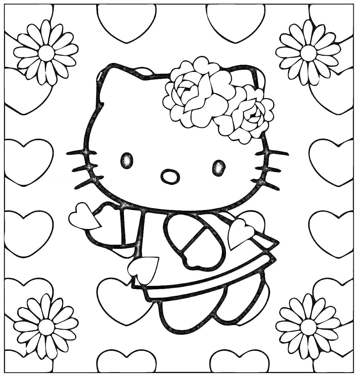 Раскраска Кошка с цветочным венком на фоне сердец и цветков