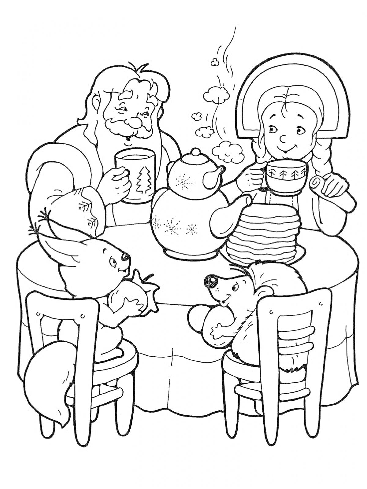 Раскраска Мужчина, женщина, чайник, чашки, стакан, тарелка с блинами, белка, ежик, заяц, стол, стулья, чай