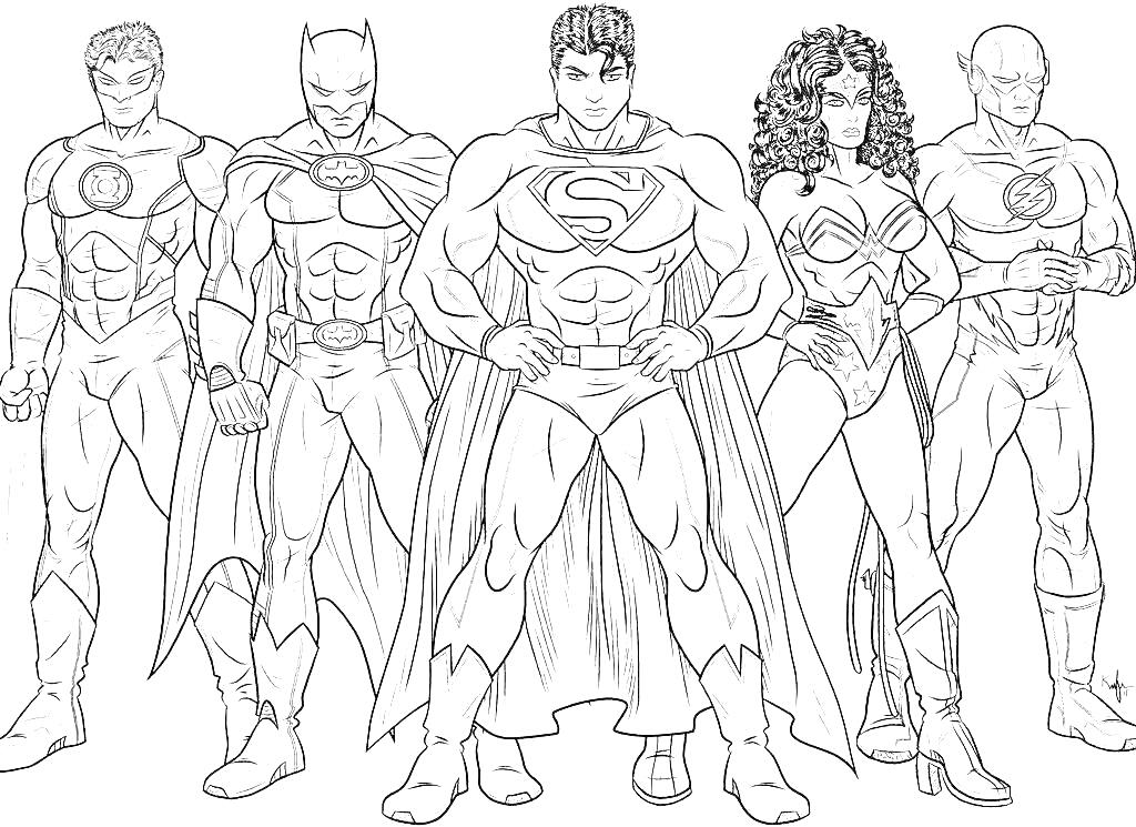 Раскраска пять супергероев в костюмах, трое мужчин в плащах и двое героев без плащей, все в масках или с опознавательными знаками, с выступающими мускулами