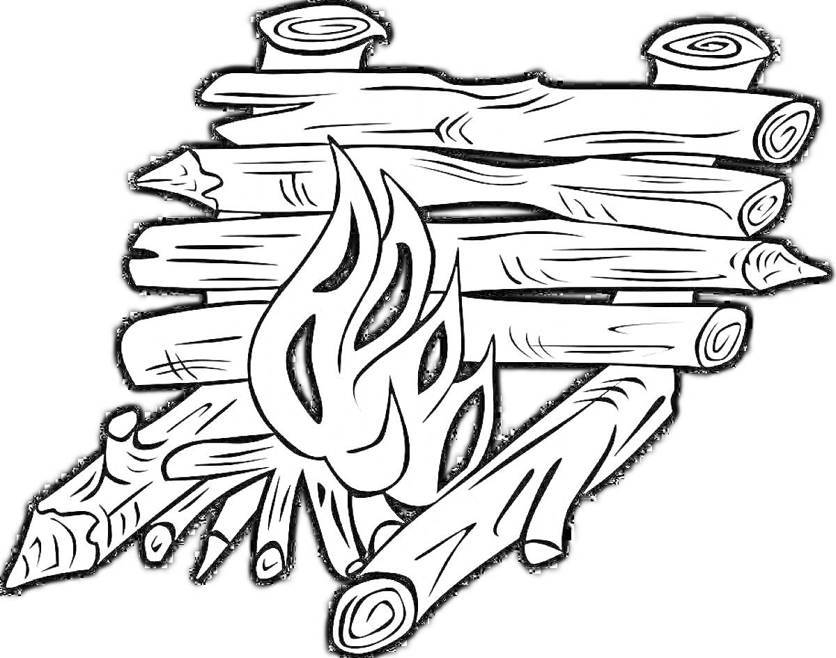 Раскраска Костер из поленьев с пламенем