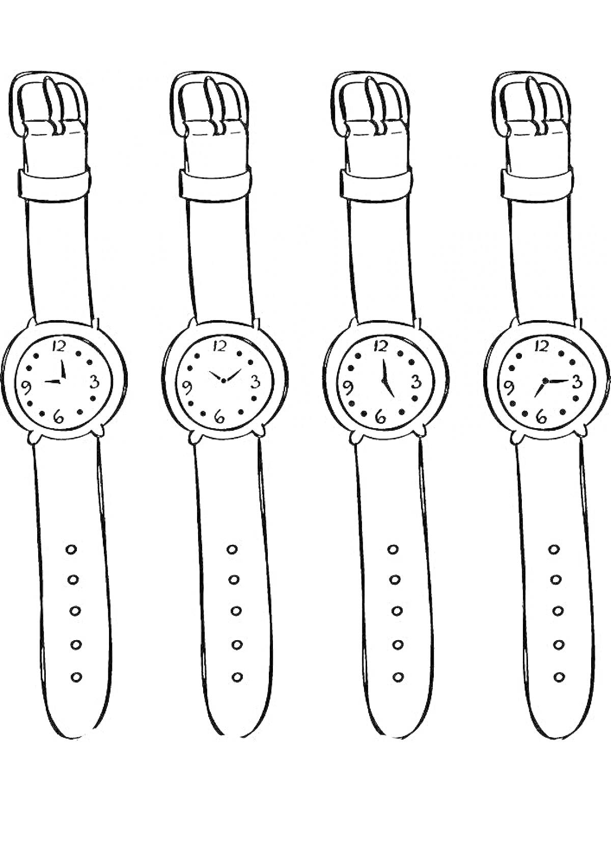 Раскраска Четыре наручных часа с кожаными ремешками и различными положениями стрелок