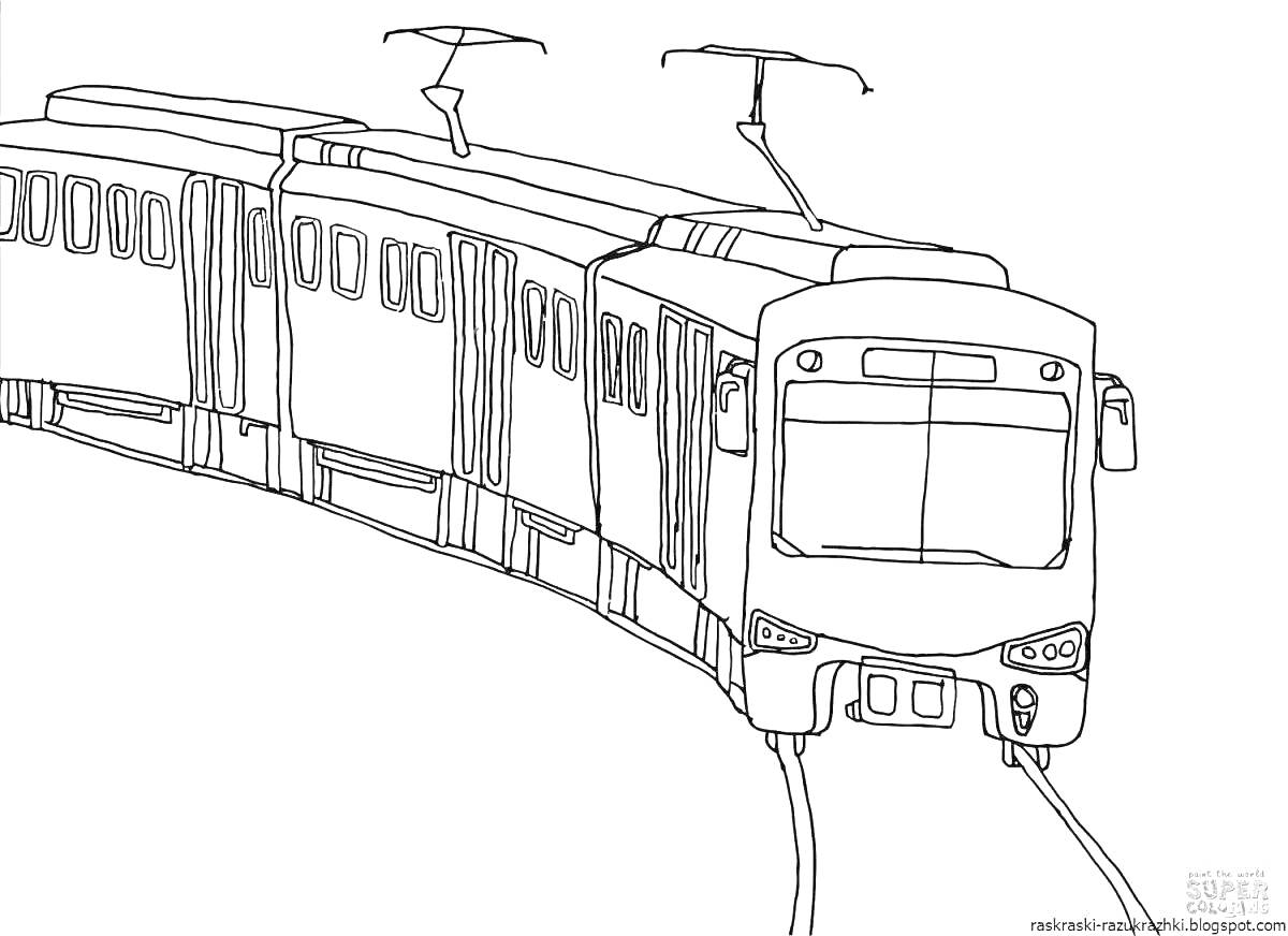Раскраска Трамвай, едущий по рельсам, с двумя вагонами и пантографами