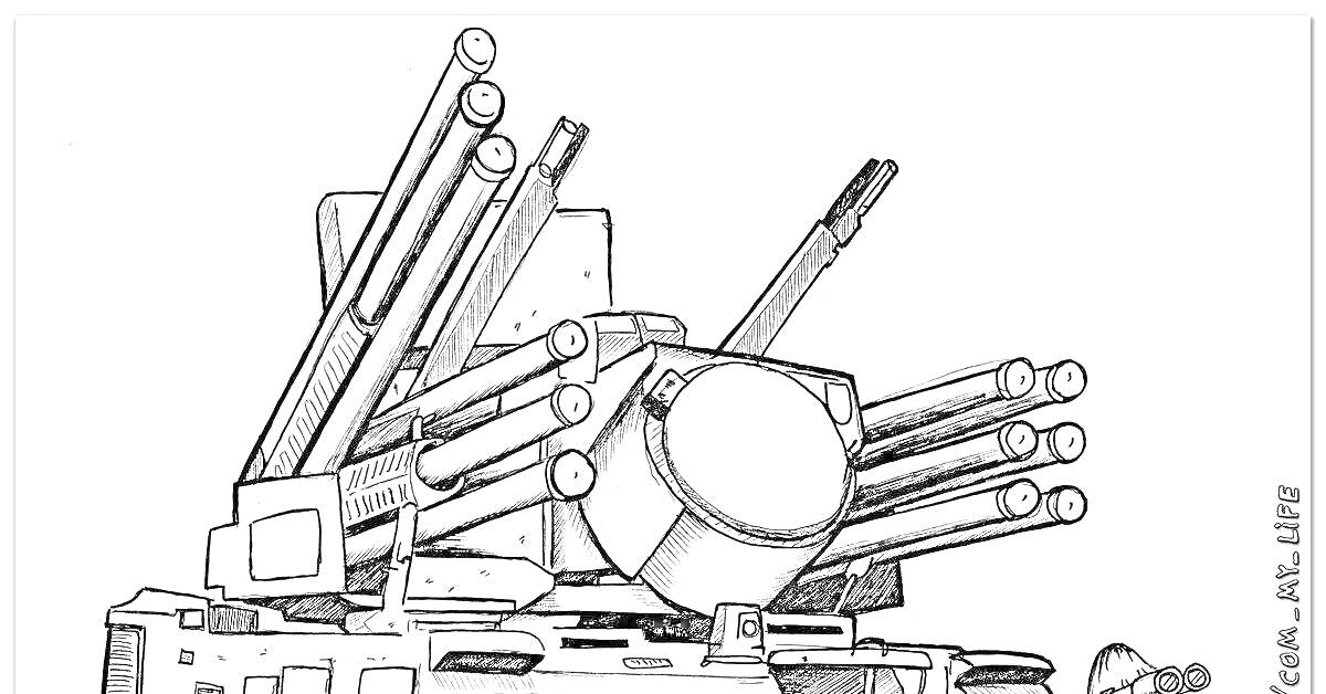 Раскраска Ракетная установка с многоствольными ракетницами на передвижной платформе