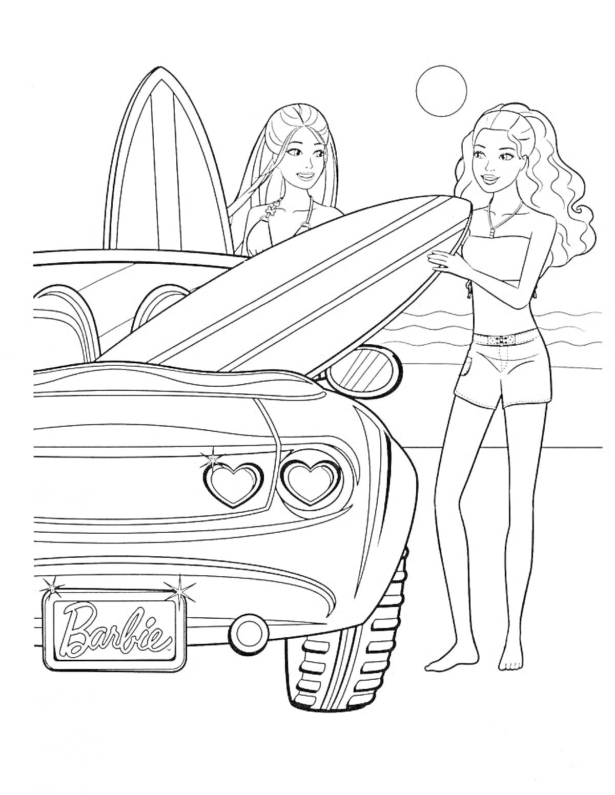 На раскраске изображено: Барби, Серфинг, Пляж, Солнце, Доска для серфинга, Лето, Девочка, Авто