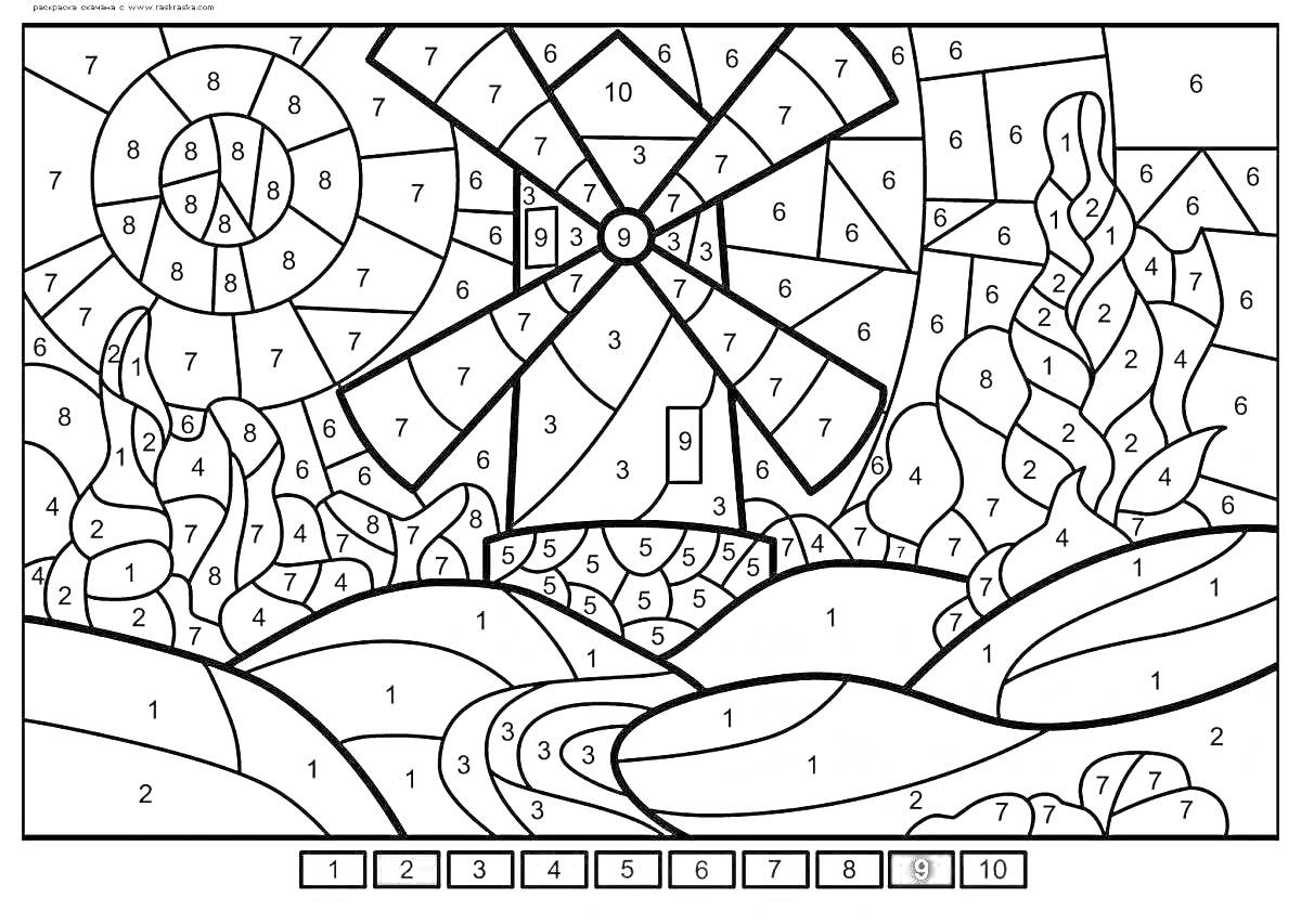 Раскраска Мельница среди холмов и деревьев