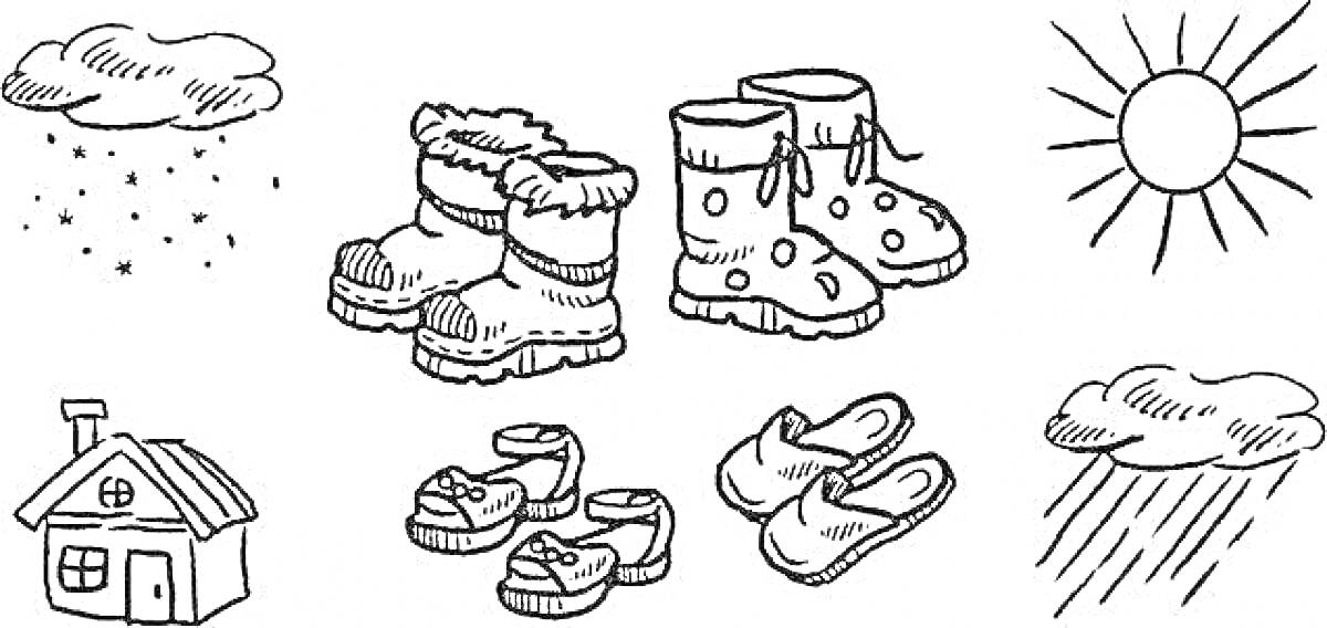 Раскраска Обувь для детей с облаками, солнцем и домиком под дождем