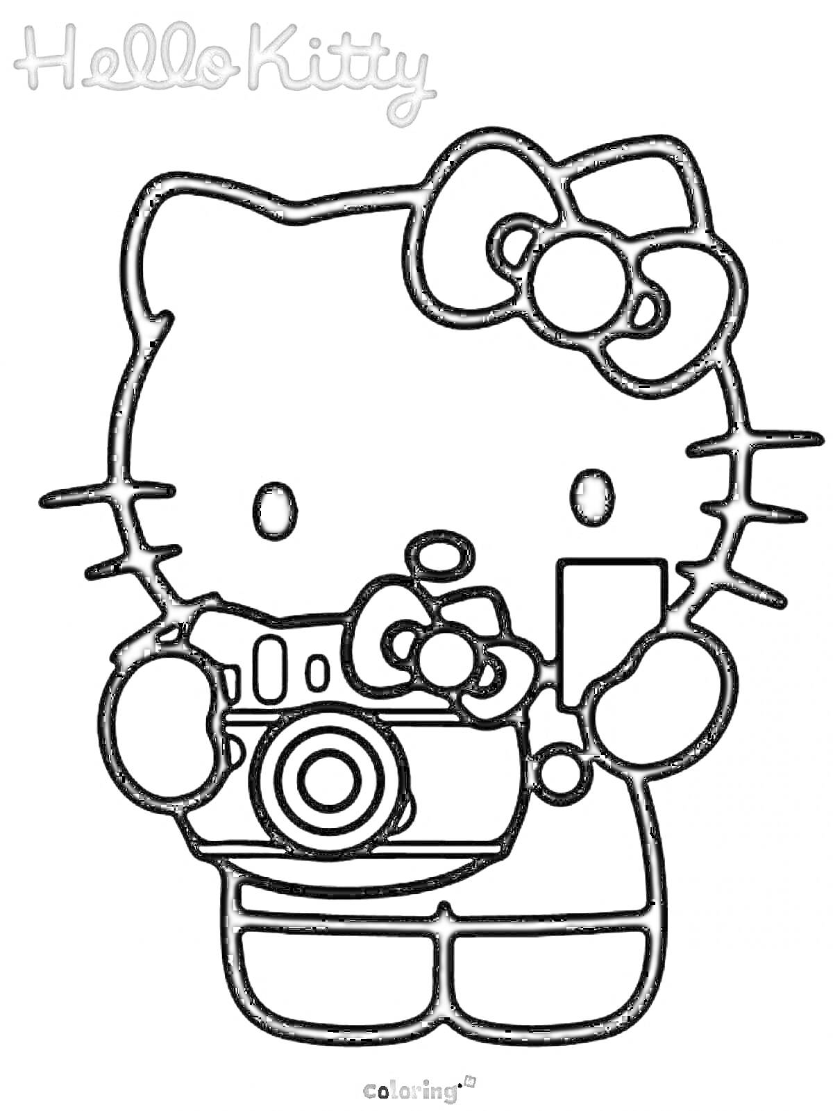 Раскраска Hello Kitty с фотоаппаратом и бантом на голове