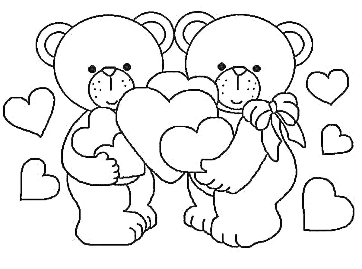 Раскраска Два мишки с сердечками и бантом, окружающими сердцами