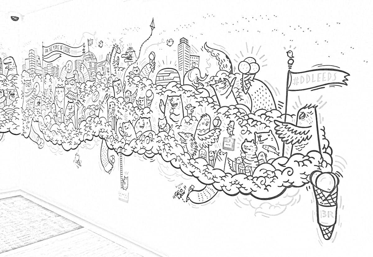 Раскраска Городская сцена с людьми, зданиями, животными, облаками и флагом