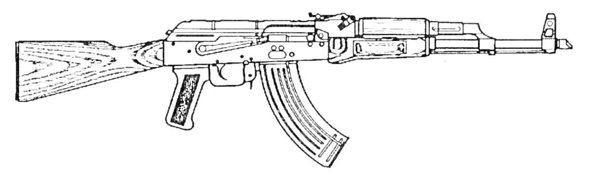 На раскраске изображено: Автомат Калашникова, АК-47, Оружие, Деревянный приклад, Военная техника