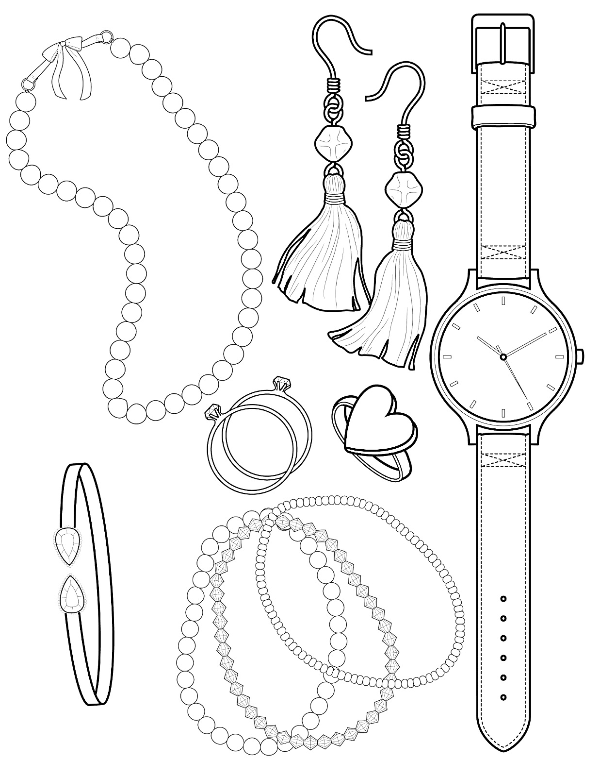 Раскраска Вечерние украшения: Яркие серьги, наручные часы, кольцо с сердцем, браслет с каплями, бусы и браслет из бусин