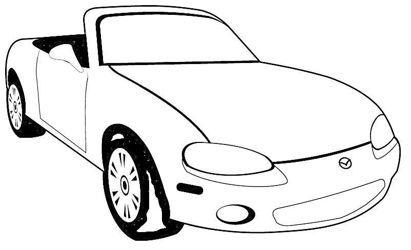 Кабриолет с открытым верхом, с передними и задними фарами, с передними и задними колесами, с дверцей, с лобовым стеклом.