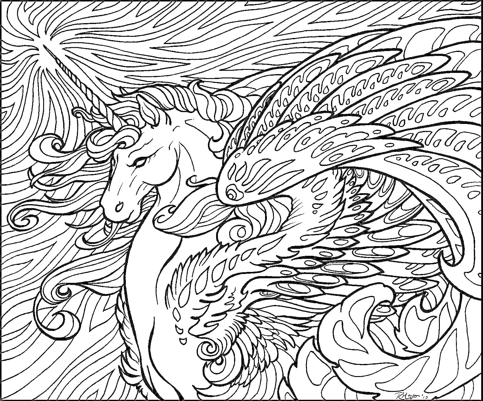 Раскраска Единорог с магическими крыльями на фоне завитков ветра