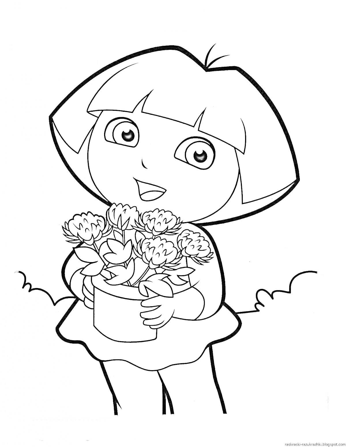 Раскраска Девочка с букетом цветов