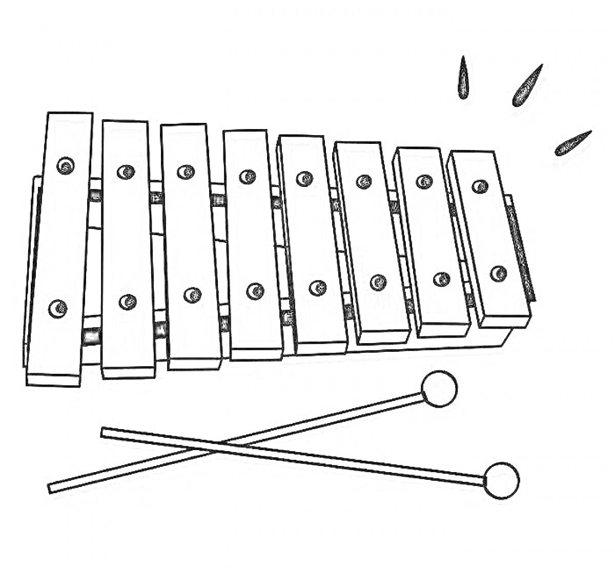 Раскраска ксилофон с молоточками и нотами