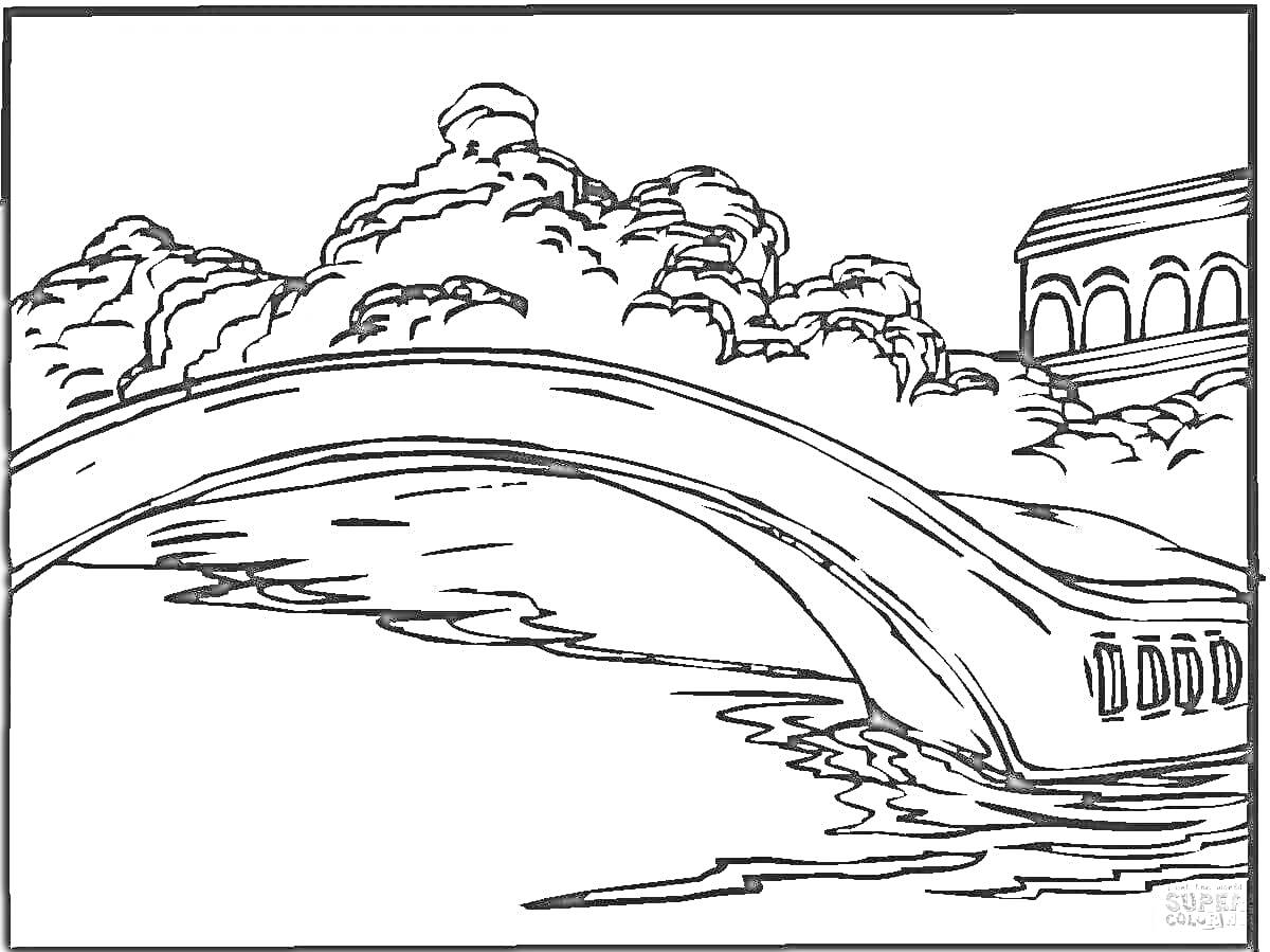 На раскраске изображено: Мост, Река, Арка, Здания, Деревья, Природа, Вода