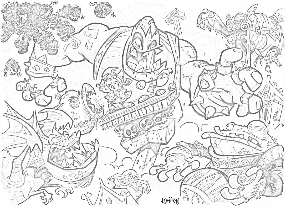 На раскраске изображено: Rayman, Монстр, Атака, Крылья, Зубы, Деревья, Игра, Приключения