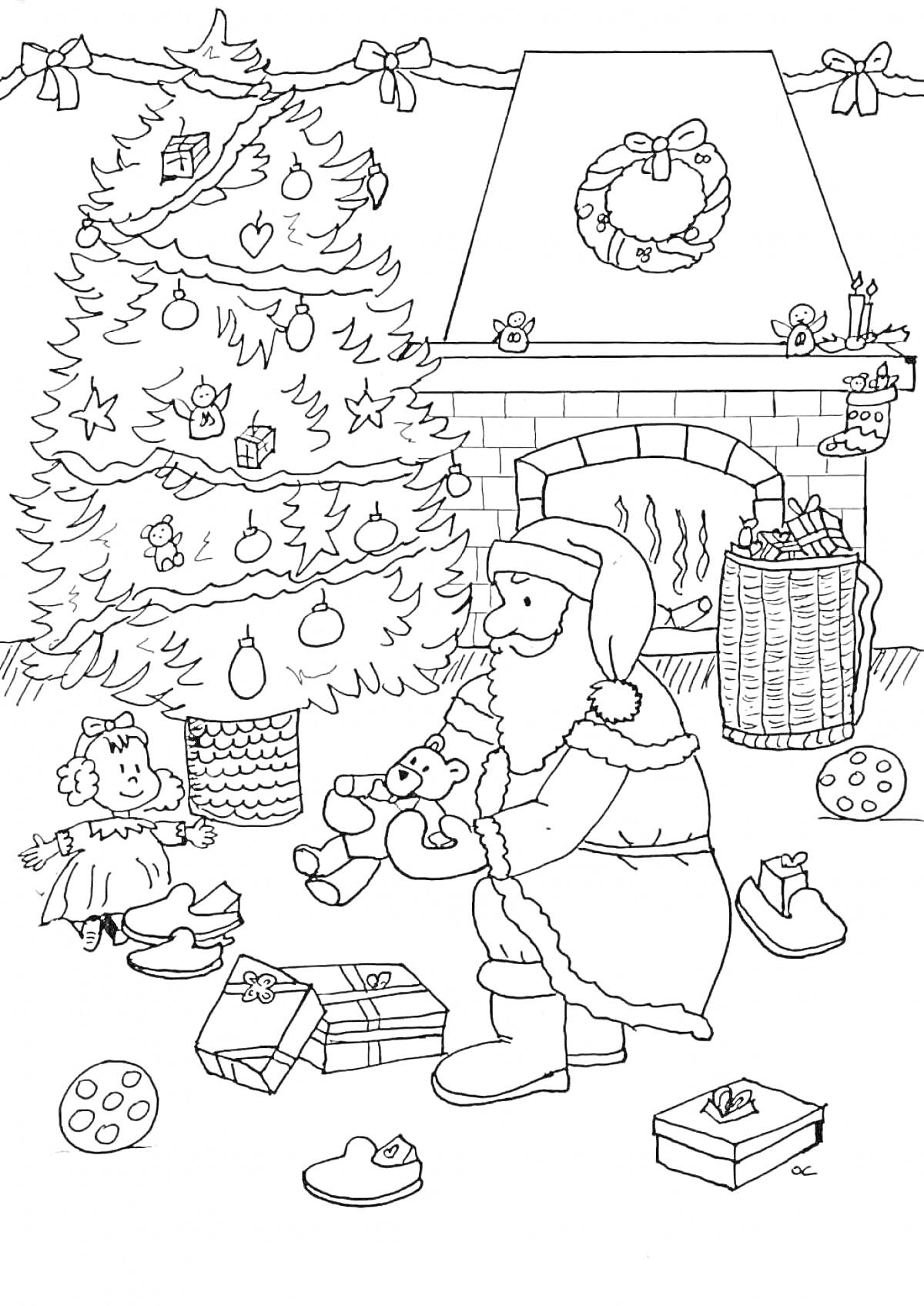 На раскраске изображено: Дед Мороз, Камин, Подарки, Игрушки, Новый год, Рождество, Украшения, Мячи