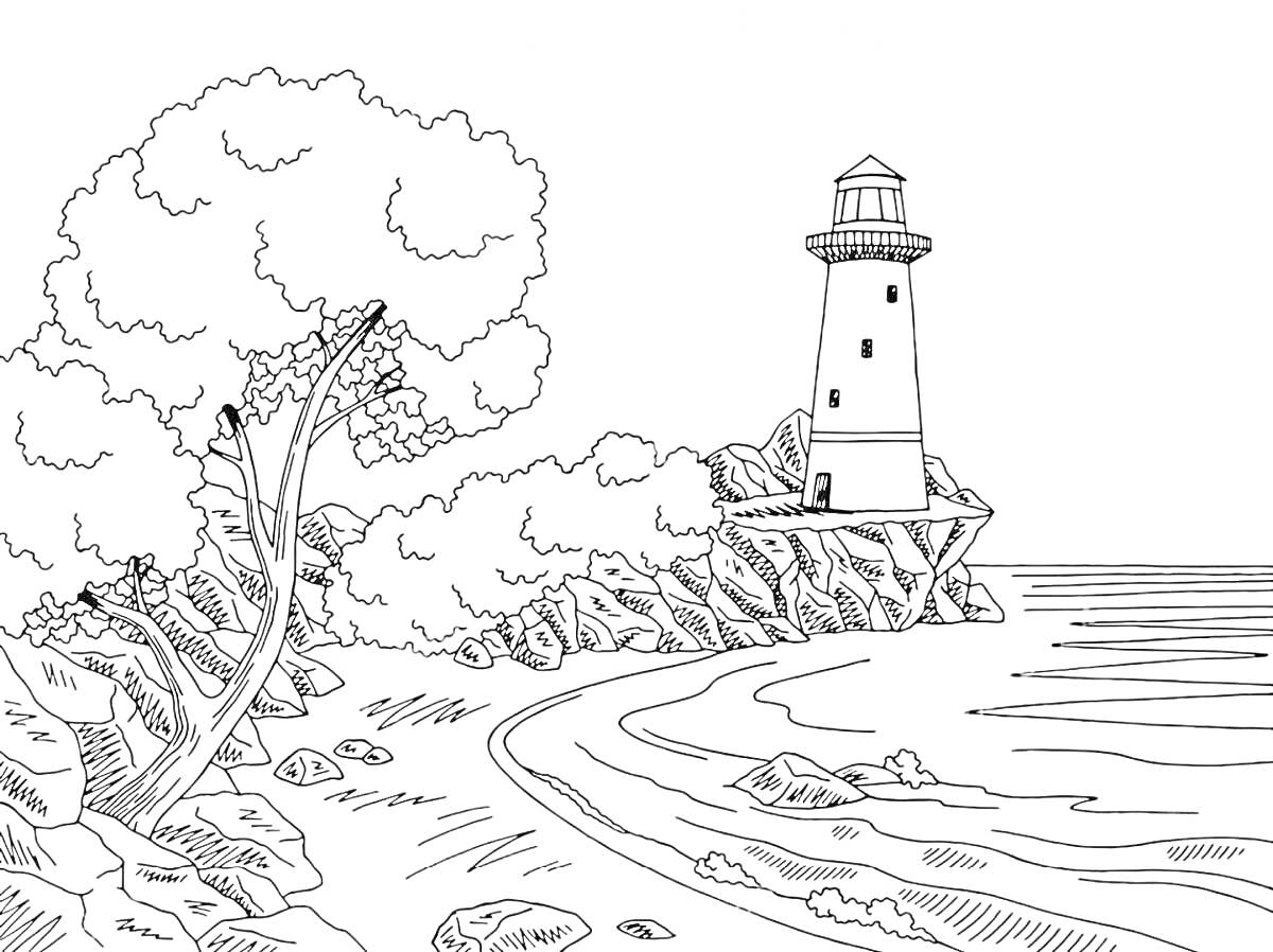 Раскраска Маяк на скалистом берегу с деревьями, пляжем и морем