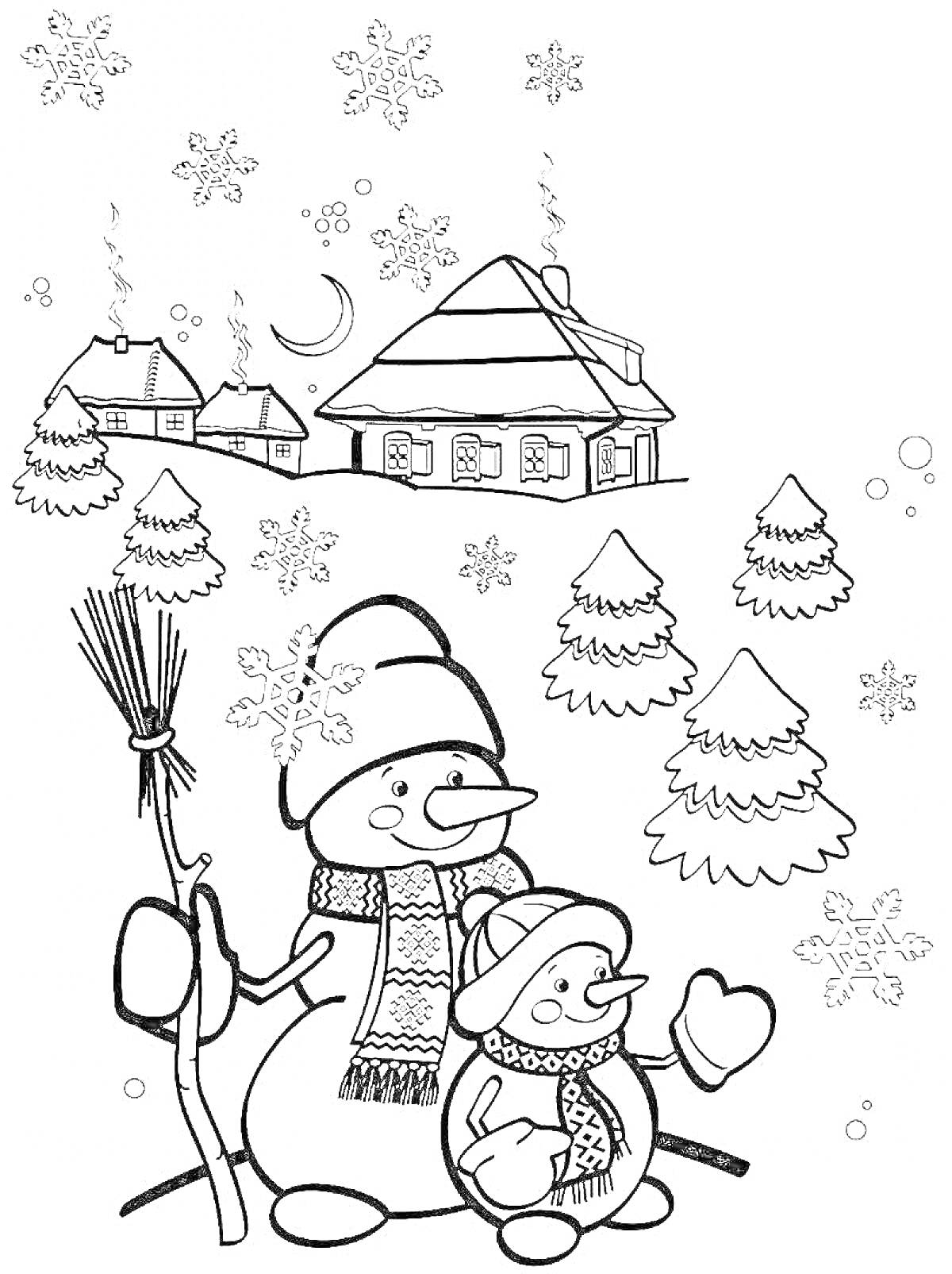 На раскраске изображено: Новый год, Снеговики, Ёлки, Деревня, Снежинки, Зима, Праздничное настроение