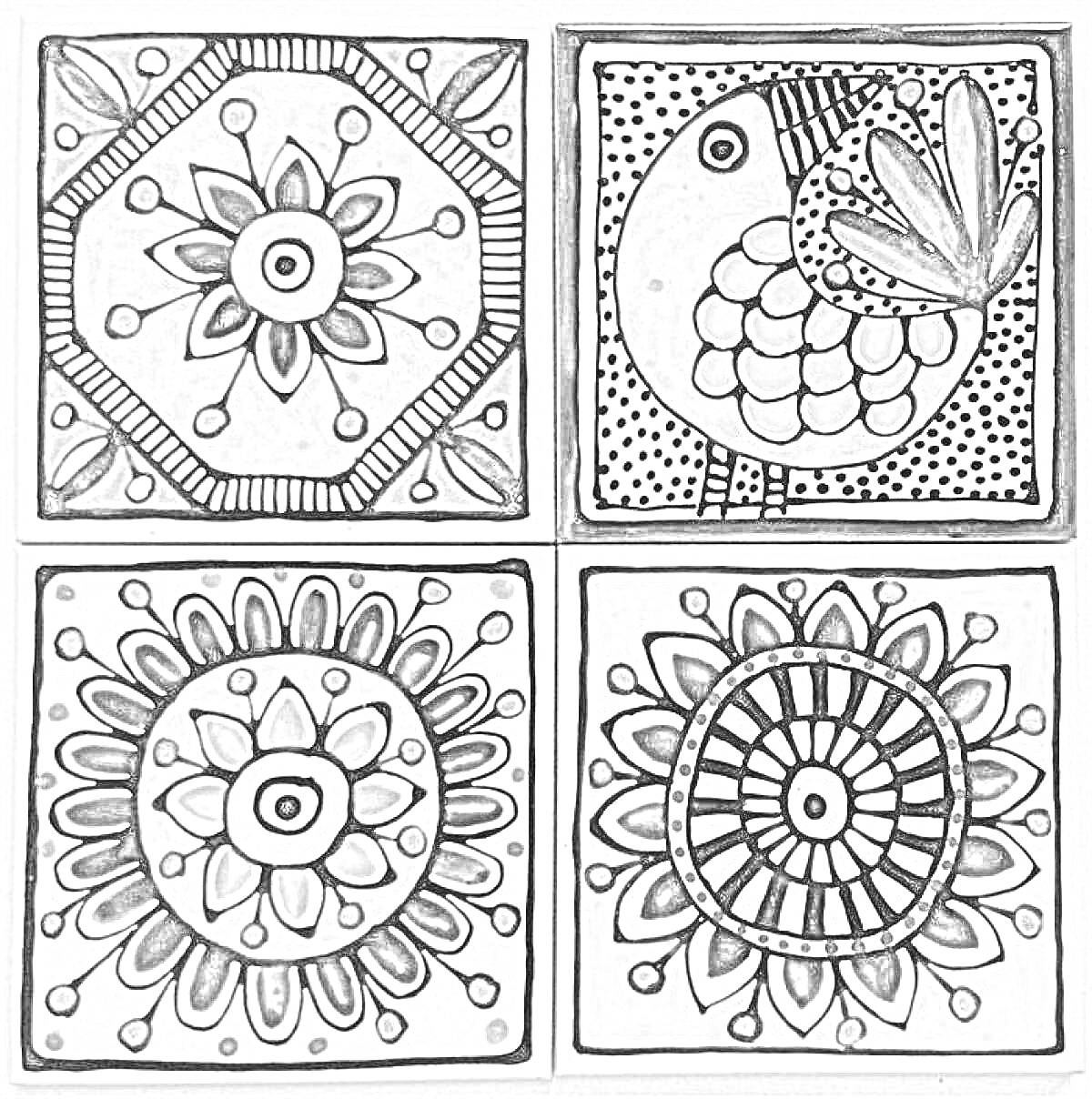 Раскраска Керамическая плитка ручной работы с изображением цветочных орнаментов и птицы