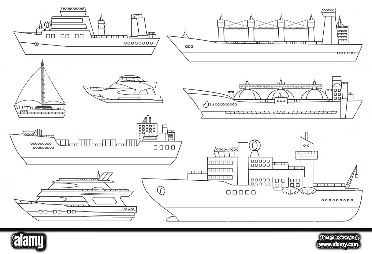 Раскраска Разнообразный флот: танкеры, грузовые суда, парусник, яхты, пассажирские корабли
