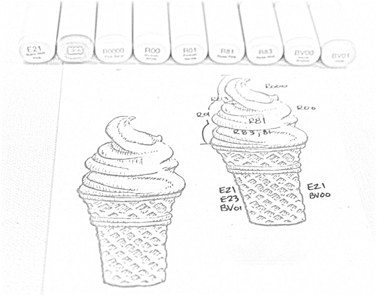 Раскраска мороженое в вафельном рожке, скетч и раскрашенное изображение, маркеры