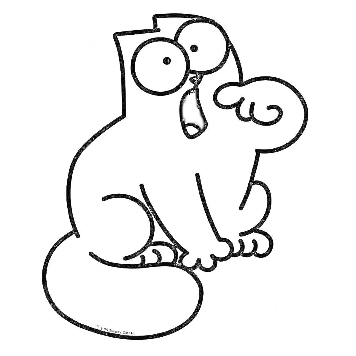 Раскраска Кот с поднятой лапой, держащий палец во рту (Simon’s Cat)