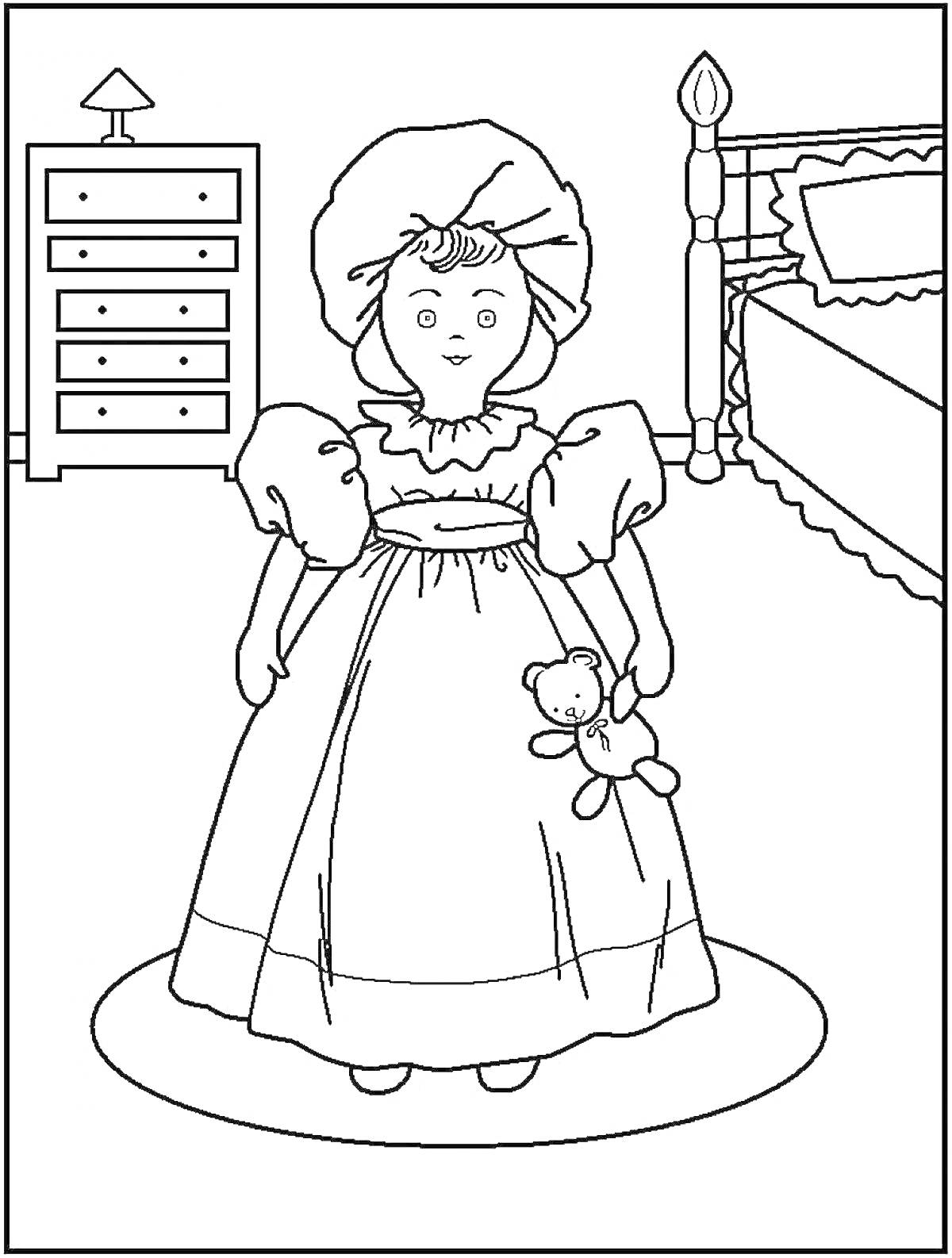Раскраска Кукла в старинном платье в спальне с кроватью и комодом