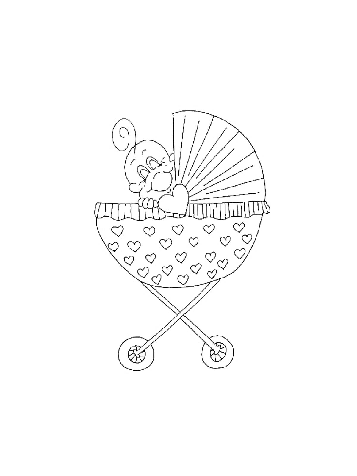 На раскраске изображено: Коляска, Младенец, Сердца