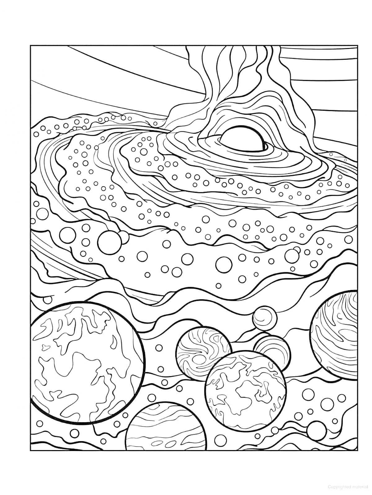 Раскраска Космическая сцена с планетами, кольцами и облаками газа