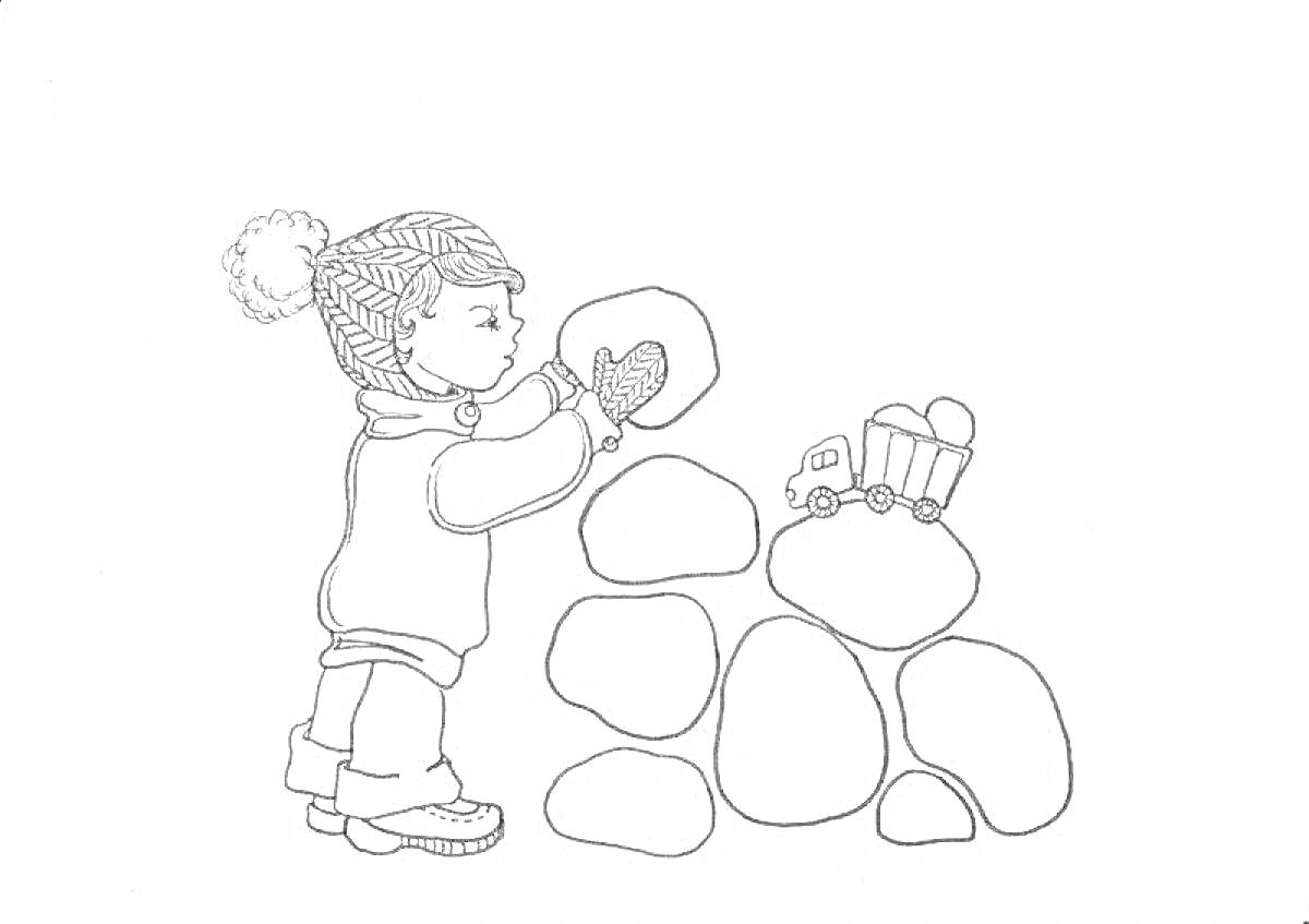 Раскраска Ребенок в зимней одежде строит снежную крепость из снежков, рядом игрушечный грузовичок с снежками