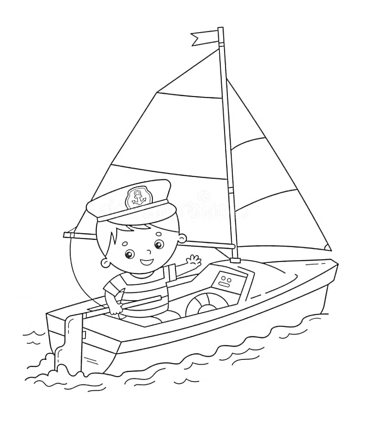 На раскраске изображено: Юнга, Лодка, Мальчик, Мачта, Флаг, Весло, Вода, Волны, Моряк