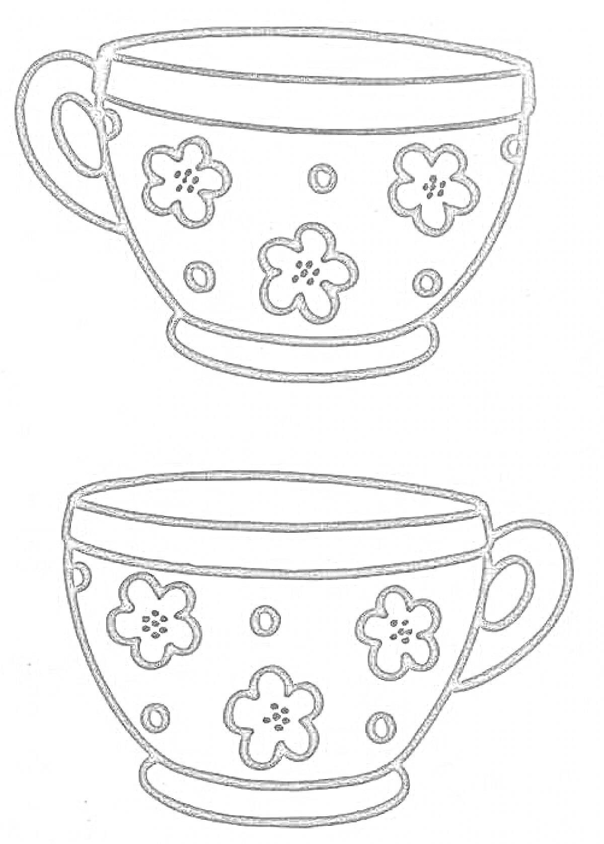 Раскраска Чашки с цветочным узором, две чашки с ручками и цветами
