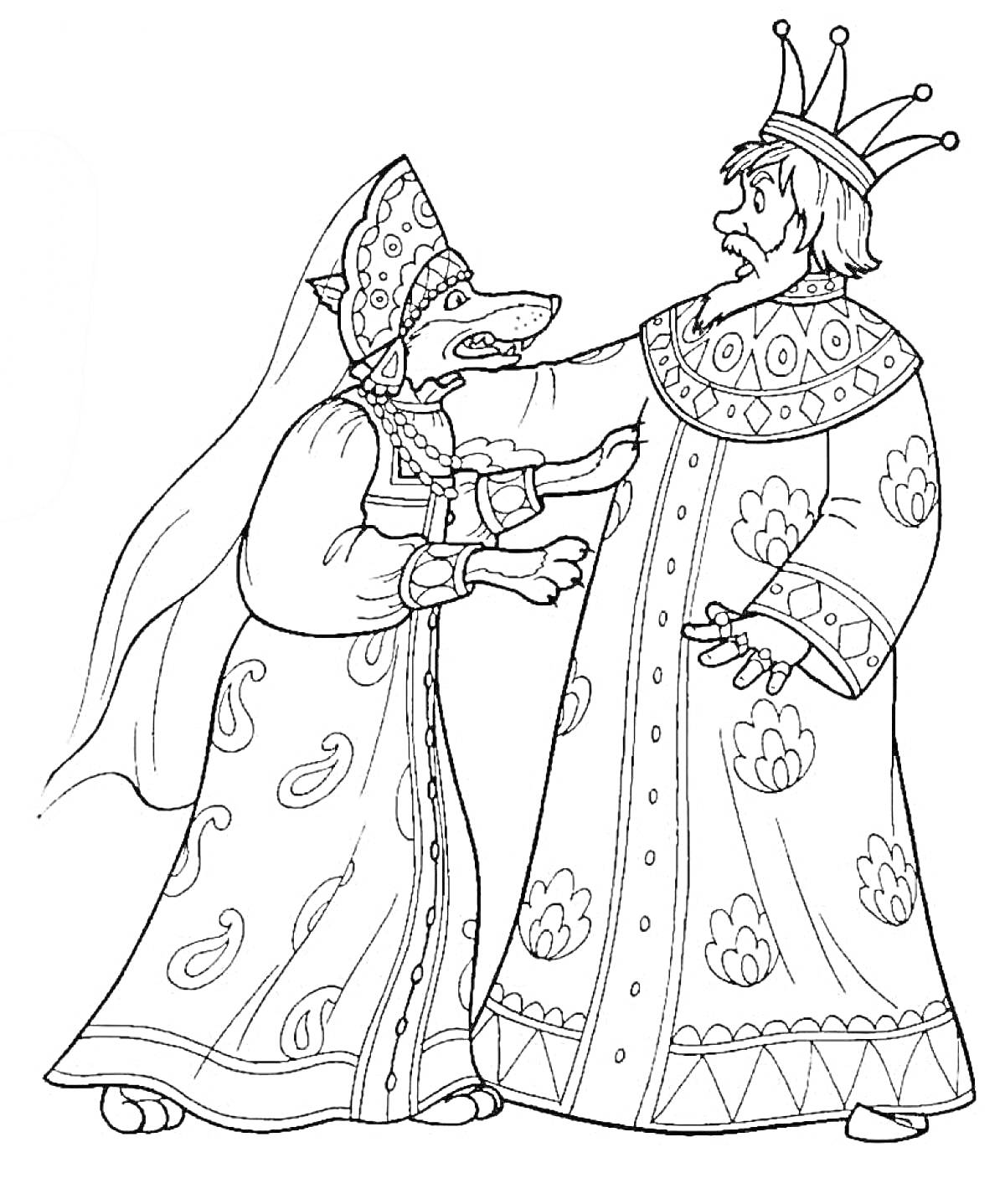 Мужчина и женщина в русских народных костюмах. Мужчина носит длинный халат и корону, женщина в кокошнике и платье с узорами.
